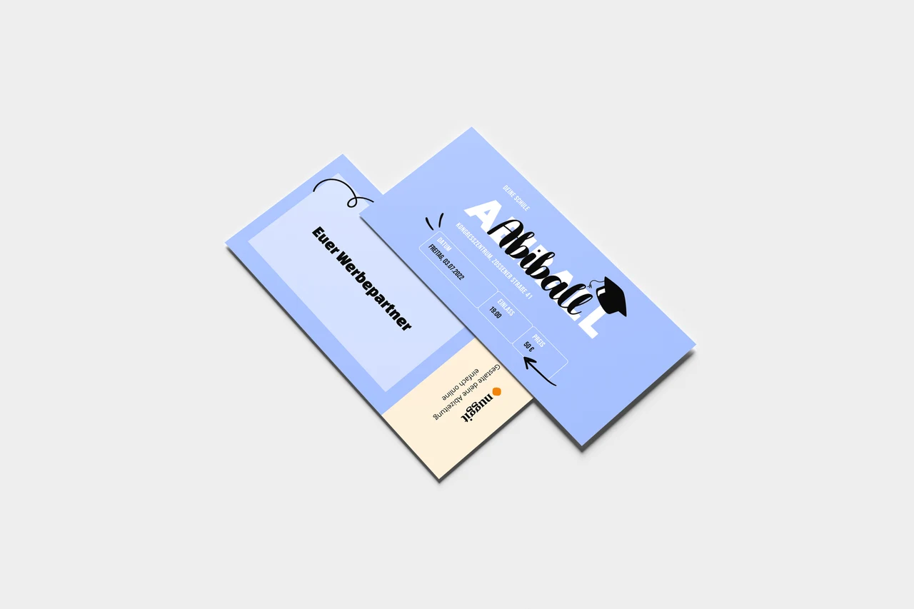 Blaue Abiballkarten mit gestalteter Vorder- und Rückseite – Beispieldesign